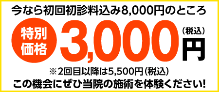 今なら初回初診料込8,000円のところ、特別価格3,000円（税込）※2回目以降5,500円